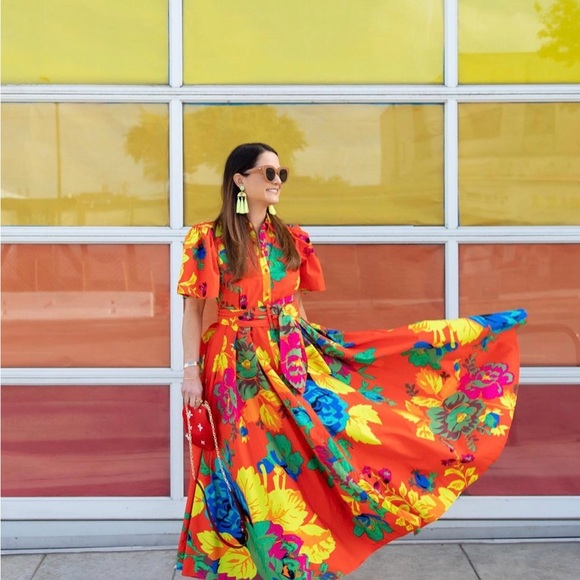 Floral Coral Maxi Shirt Dress with Belt - Picture 12 of 16